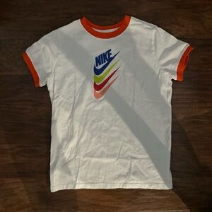 Nike White Short Sleeve Ringer Tee with Orange Trim and Multicolor Swooshes